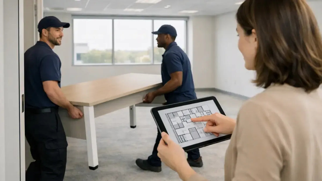 Delivery team setting up rented office furniture in a new office