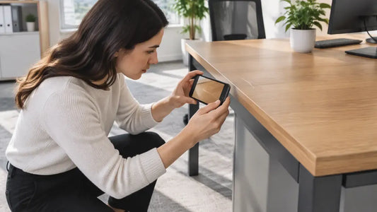 Office manager photographing a scratch on a rented desk to document its condition