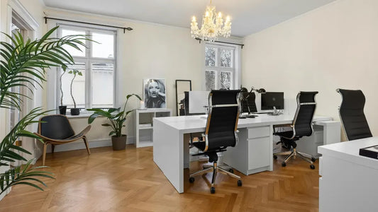 Modern hybrid office workspace featuring rented desks, ergonomic seating, and collaborative furniture in New Jersey.