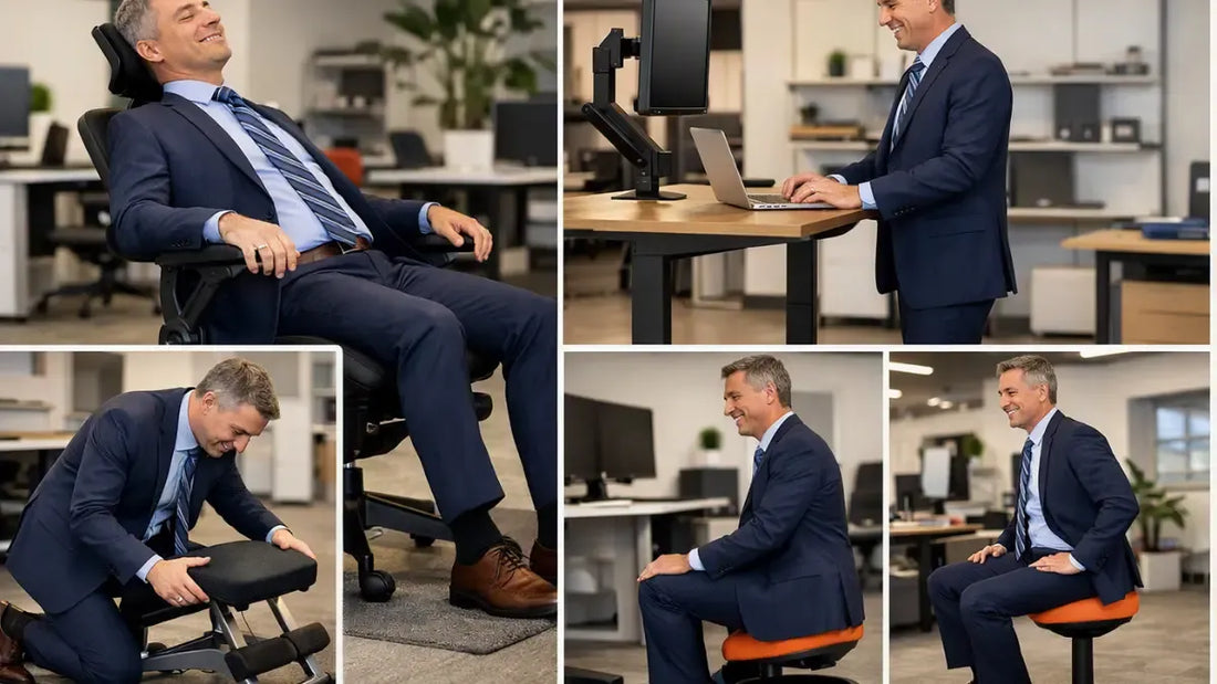Business professional testing ergonomic office furniture before making a large purchase in New Jersey.