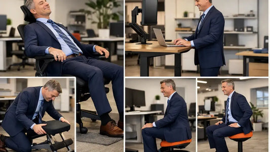 Business professional testing ergonomic office furniture before making a large purchase in New Jersey.
